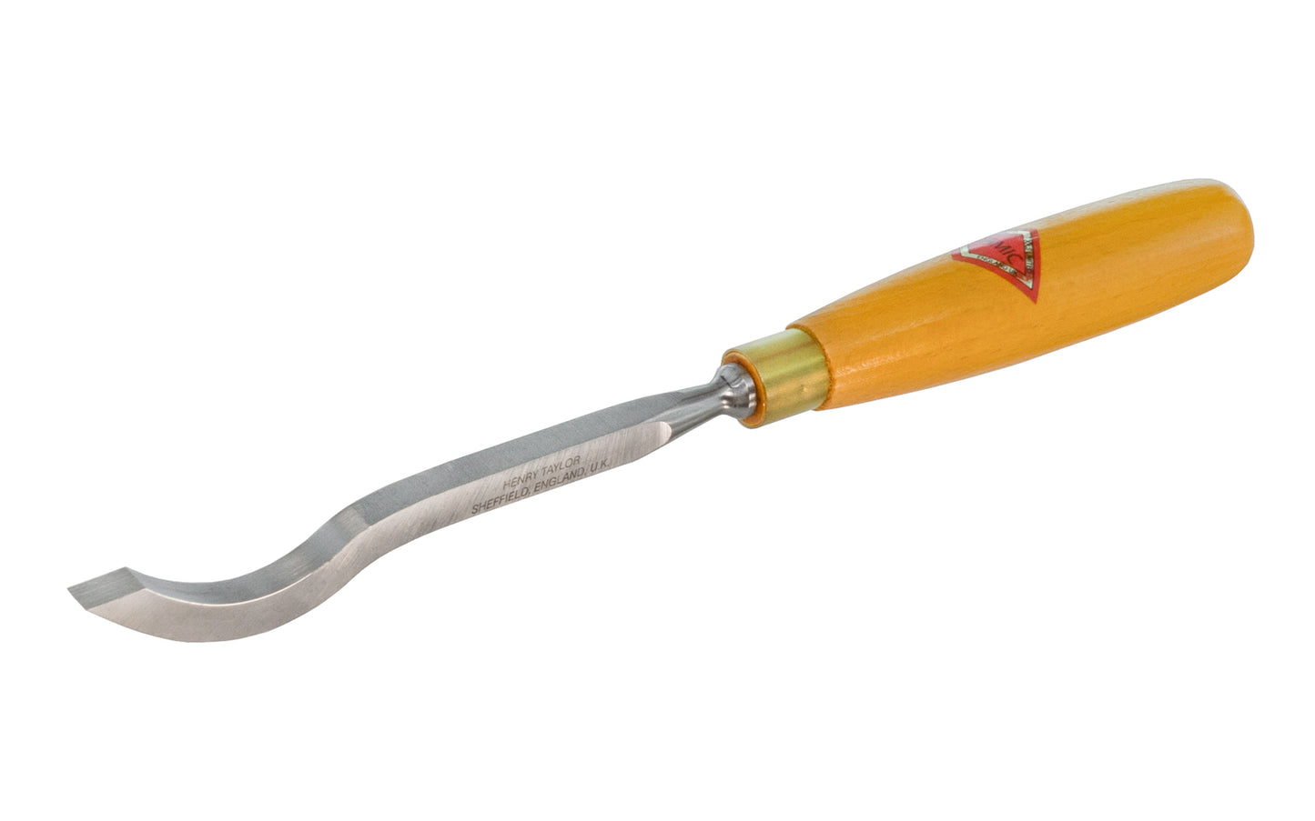 3/8" Swan Neck Mortise Chisel made by Henry Taylor in England. Use in conjunction with mortise chisels for cleaning the bottom of mortises, or other deep blind recesses. The curved blade helps to lever out waste. The chisel is levered in use, not struck. Henry Taylor - Diamic ~ Model No. F72. Made in England. 