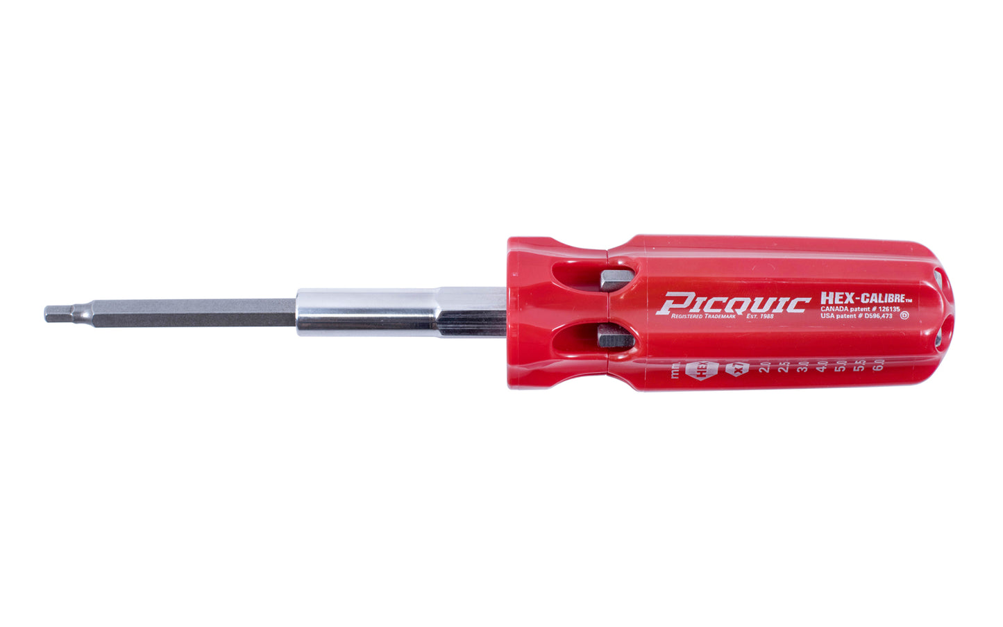 Picquic Model 88153 - Metric "Hex Calibre" with a solid handle for comfort & torque, & has no moving parts. Bits included: 2 mm, 2.5 mm, 3 mm, 4 mm, 5 mm, 5.5 mm, 6 mm size hex bits. Picquic TrueTorx Multi-Bit screwdriver with bit storage in handle. 57369881009. magnetic rare earth magnet holds the working bit in shank