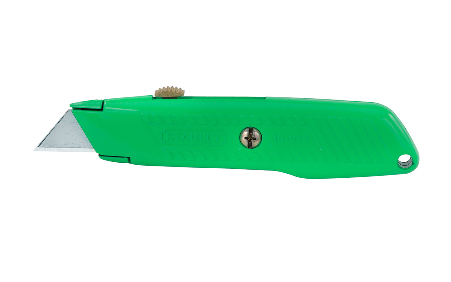Model No. 10-179 ~ Stanley 5-7/8" High-Visibility Retractable Utility Knife is easy to find in your toolbox or work area. Interlocking nose securely locks blade in place for precise cutting. Metal body, blade storage in the handle, 3-position retractable blade, great tool for your toolbox, shop cabinet, or tool belt