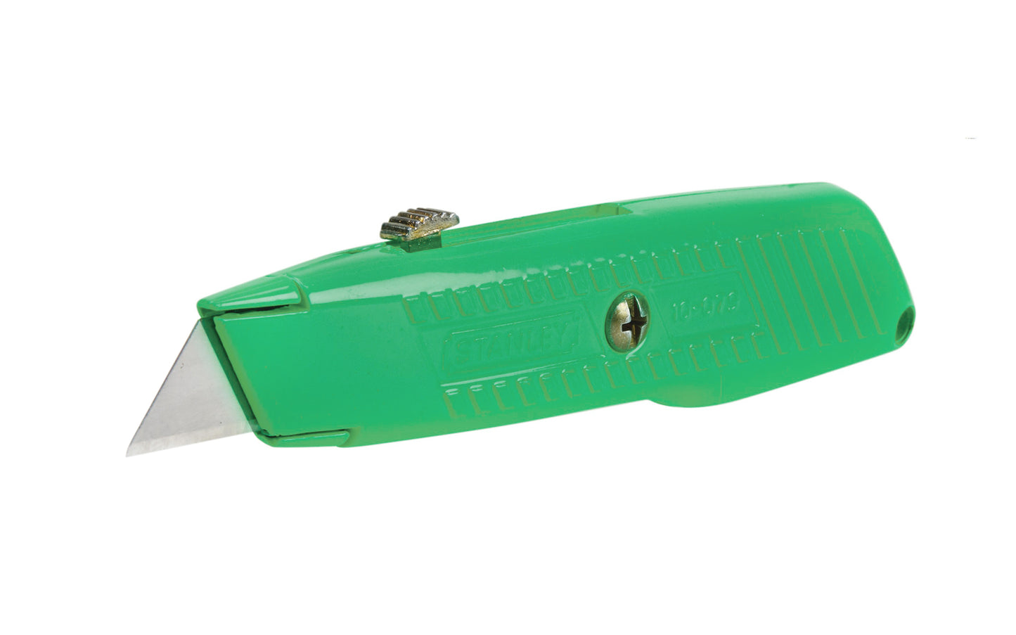 Model No. 10-179 ~ Stanley 5-7/8" High-Visibility Retractable Utility Knife is easy to find in your toolbox or work area. Interlocking nose securely locks blade in place for precise cutting. Metal body, blade storage in the handle, 3-position retractable blade, great tool for your toolbox, shop cabinet, or tool belt