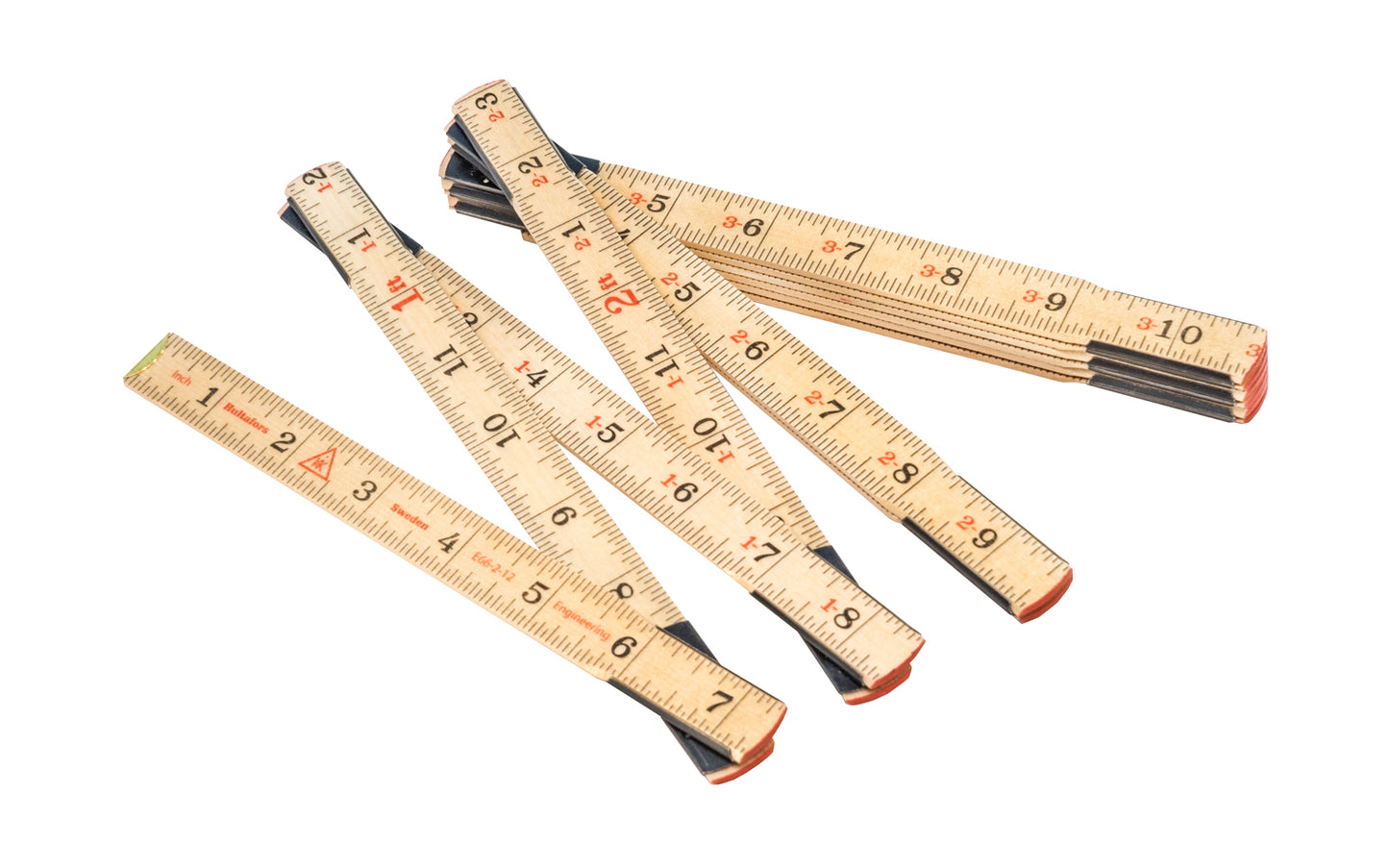 Hultafors 78" Swedish Engineer's Wooden folding rule manufactured from downy birch with Swedish steel joints, enabling thin sections & great flexibility. Engineering scale with 1/10th & 1/100th of a foot & traditional 1/16" scale with black & red markings. Steel joints are heat-treated. Made in Sweden. Model E 66-2-12