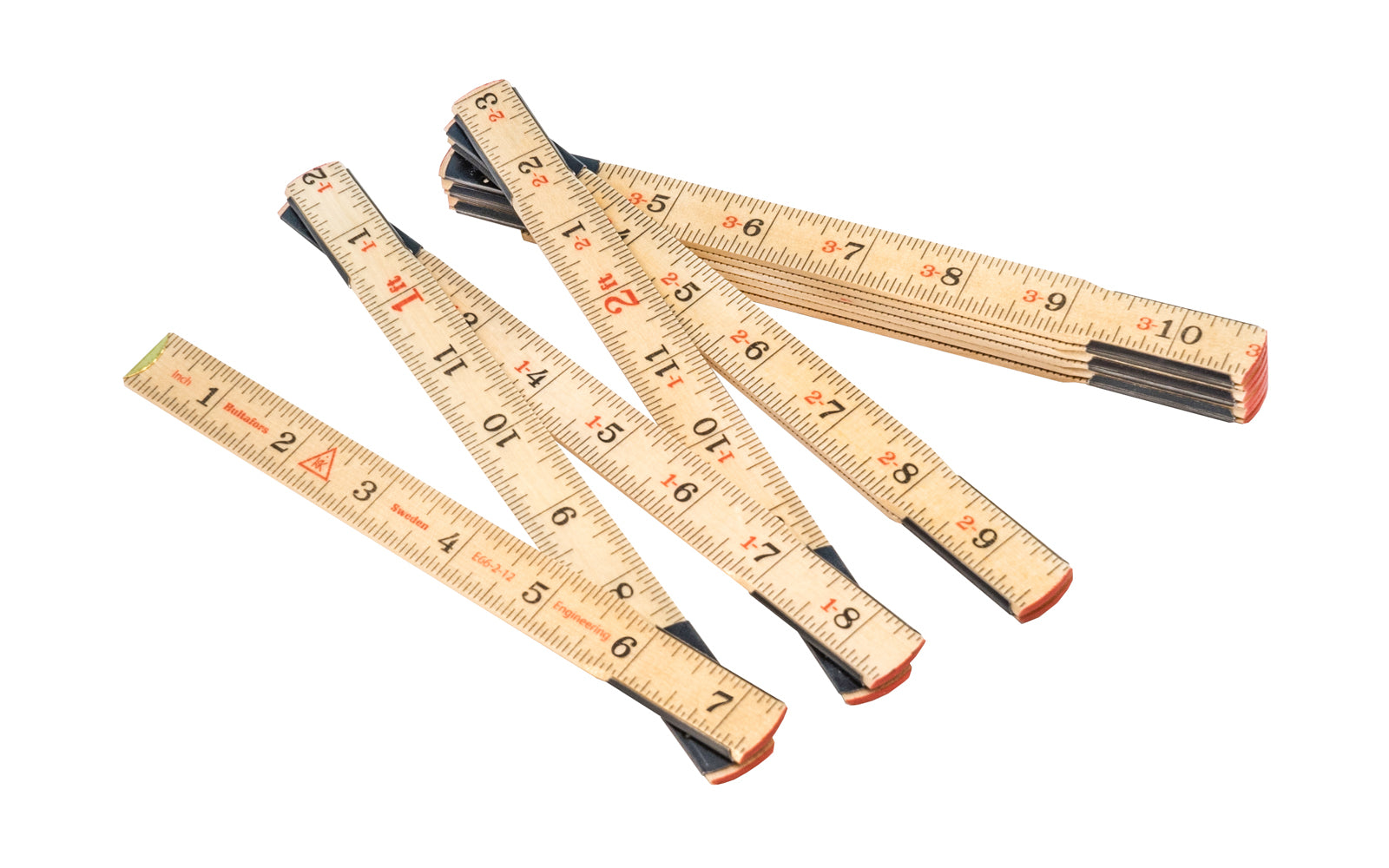 Hultafors 78" Swedish Engineer's Wooden folding rule manufactured from downy birch with Swedish steel joints, enabling thin sections & great flexibility. Engineering scale with 1/10th & 1/100th of a foot & traditional 1/16" scale with black & red markings. Steel joints are heat-treated. Made in Sweden. Model E 66-2-12
