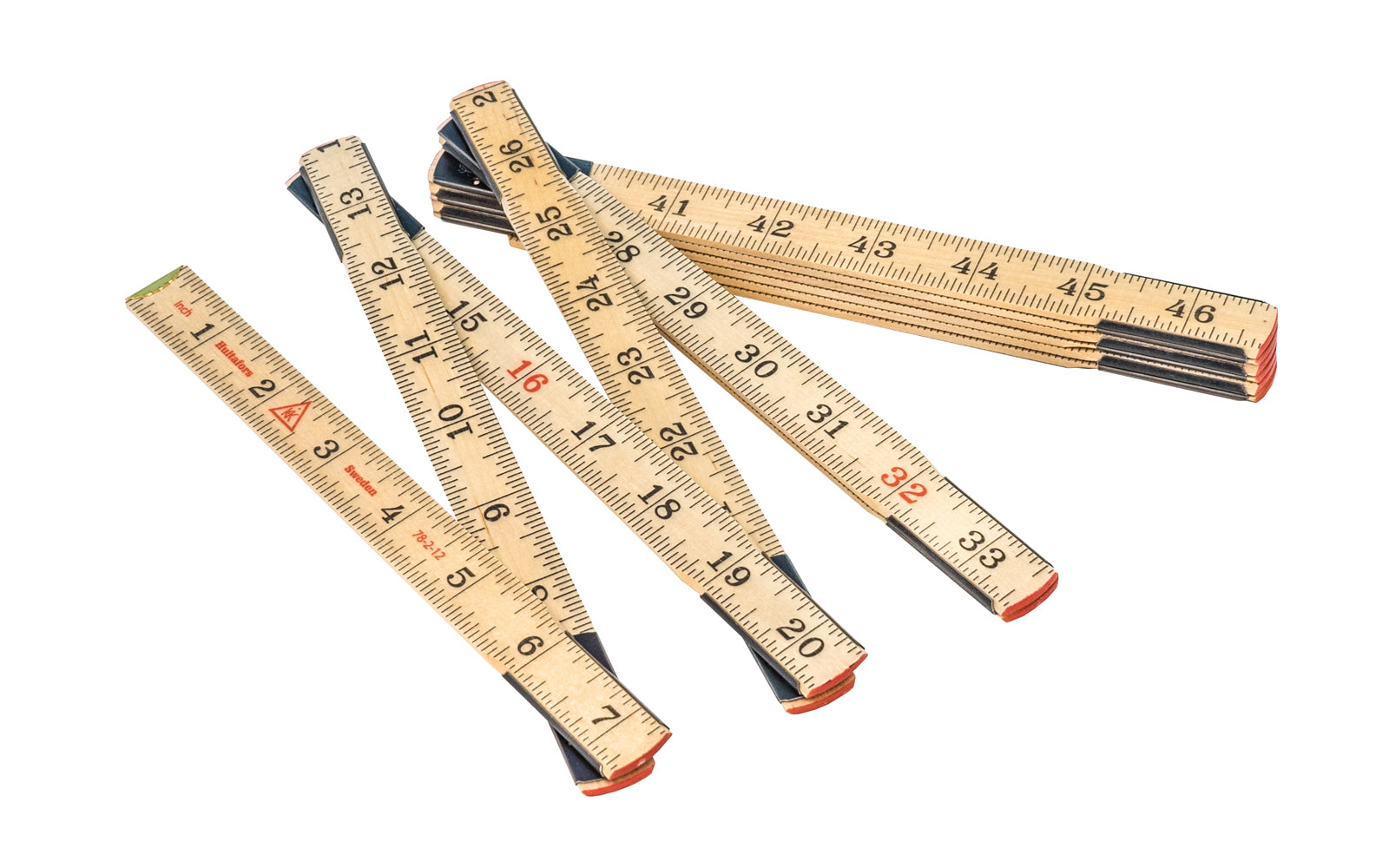 Hultafors 78" classic wooden folding rule manufactured from downy birch with Swedish steel joints, enabling thin sections & great flexibility. It has a scale on both sides with a traditional 1/16" scale with black & red markings. Steel joints are heat-treated. Made in Sweden. Model 78-2-12. 7315291014012. Foldable