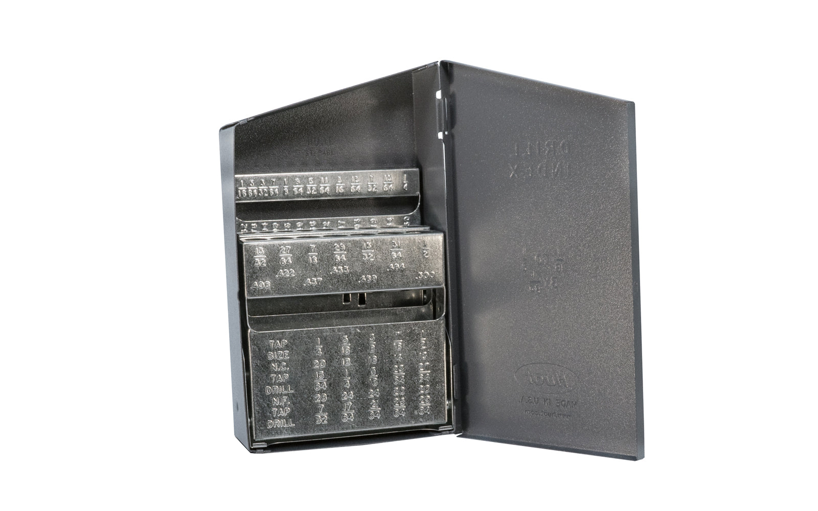 A quality American-made Drill Index - 1/16" to 1/2" by 64ths. Design for jobbers length fractional drills 1/16″ to 1/2″ x 64ths. Decimal equivalents & US tap information. Rugged, heavy gauge all–steel case - Secure, snap-lock steel cover. Made by Huot Manufacturing. 29 slots. Model 10550. 033603105506   Made in USA