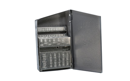 A quality American-made Drill Index - 1/16" to 1/2" by 64ths. Design for jobbers length fractional drills 1/16″ to 1/2″ x 64ths. Decimal equivalents & US tap information. Rugged, heavy gauge all–steel case - Secure, snap-lock steel cover. Made by Huot Manufacturing. 29 slots. Model 10550. 033603105506   Made in USA