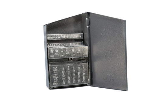 A quality American-made Drill Index - 1/16" to 1/2" by 64ths. Design for jobbers length fractional drills 1/16″ to 1/2″ x 64ths. Decimal equivalents & US tap information. Rugged, heavy gauge all–steel case - Secure, snap-lock steel cover. Made by Huot Manufacturing. 29 slots. Model 10550. 033603105506   Made in USA