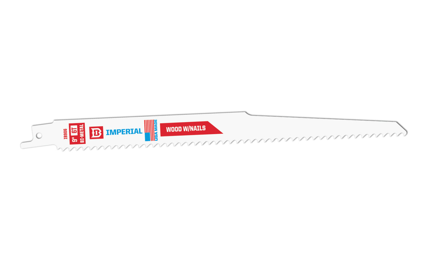 Imperial Blades Standard 9" Bi-Metal 6 TPI Wood & Nails Reciprocating Blade. Tapered blade body for easier plunge cuts. Recommended applications: Wood & Nails, Wood, Wood Composites, PVC. Sold as 1 blade in pack.  Made in USA. Model IB906-B. BiMetal