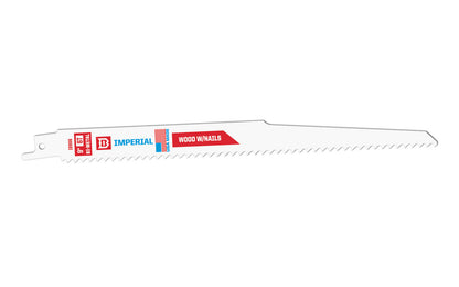 Imperial Blades Standard 9" Bi-Metal 6 TPI Wood & Nails Reciprocating Blade. Tapered blade body for easier plunge cuts. Recommended applications: Wood & Nails, Wood, Wood Composites, PVC. Sold as 1 blade in pack.  Made in USA. Model IB906-B. BiMetal