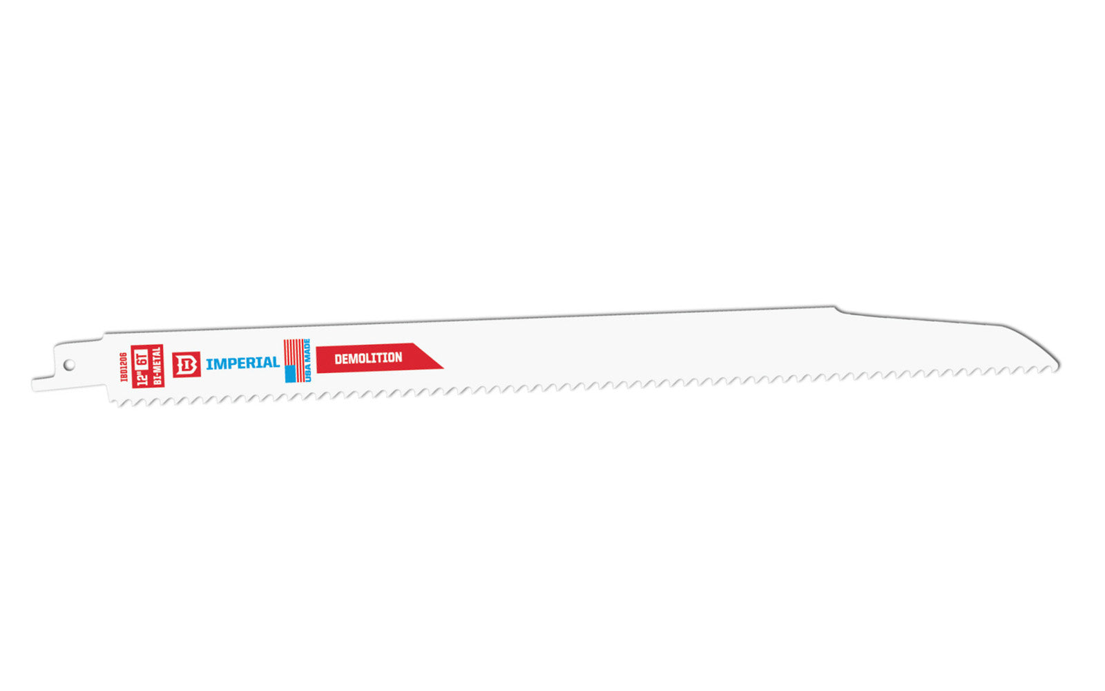 Imperial Blades Demolition 12" Bi-Metal 6 TPI Wood & Nails Reciprocating Blade. Delivers the lowest amount of deflection while cutting wide materials. For rough-in cutting a range of demolition materials. Recommended applications: Wood & Nails, Fiber Cement, Wood, Wood Composites, PVC, Rubber. 1 Pack. Model IBD1206-B