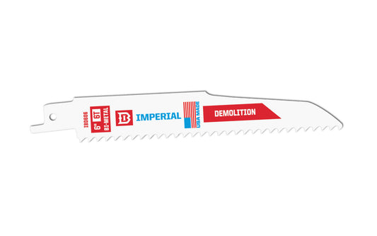 Imperial Blades Demolition 6" Bi-Metal 6 TPI Wood & Nails Reciprocating Blade. Delivers the lowest amount of deflection while cutting wide materials. For rough-in cutting a range of demolition materials. Recommended applications:  Wood & Nails, Fiber Cement, Wood, Wood Composites, PVC, Rubber. Model IBD606-B