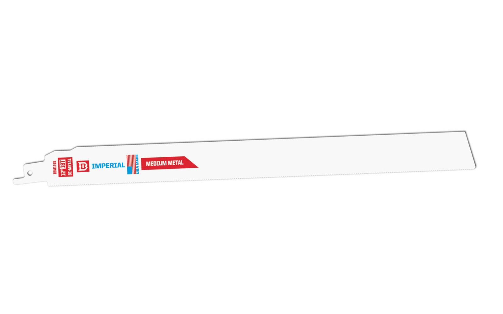 Imperial Blades Extreme Metal 12" 18 TPI Medium Metal Reciprocating Blade. Extended 1" height for extreme rigidity & greater beam strength. Recommended applications: Metal (1/8" to 5/16"), Copper Pipe, Thin Metal, Fiber Cement. Bi-Metal blade. Sold as 1 blade in pack. Made in USA. Model IBM1218-B