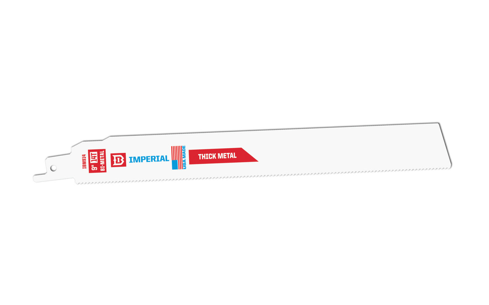 Imperial Blades Extreme Metal 9" 14 TPI Thick Metal Reciprocating Blade. Thin .035" kerf  for fast, flexible cuts. Straight blade body for increased beam strength. Recommended applications: Thick Metal (1/4" to 7/16"), Fiber Cement. Sold as 1 blade. Model IBM914-B. Bi-Metal Blade. Made in USA.   