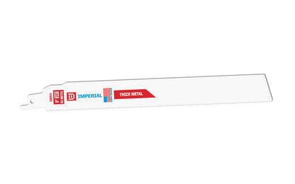 Imperial Blades Extreme Metal 9" 14 TPI Thick Metal Reciprocating Blade. Thin .035" kerf  for fast, flexible cuts. Straight blade body for increased beam strength. Recommended applications: Thick Metal (1/4" to 7/16"), Fiber Cement. Sold as 1 blade. Model IBM914-B. Bi-Metal Blade. Made in USA.   
