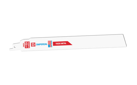 Imperial Blades Extreme Metal 9" 14 TPI Thick Metal Reciprocating Blade. Thin .035" kerf  for fast, flexible cuts. Straight blade body for increased beam strength. Recommended applications: Thick Metal (1/4" to 7/16"), Fiber Cement. Sold as 1 blade. Model IBM914-B. Bi-Metal Blade. Made in USA.   