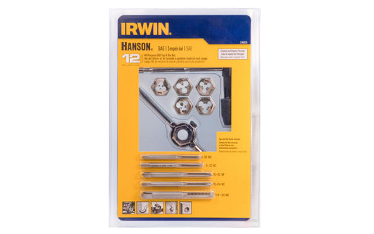 Irwin Hanson 12 PC SAE Tap & Die Set - 24605 includes the following items: Machine Screw Plug Tap and 5/8" Hexagon Dies in sizes: 6-32 NC, 8-32 NC, 10-24 NC, 10-32 NF. Fractional Plug Tap and 5/8 " Hexagon Dies in size: 1/4-20 NC. T-Handle Tap Wrench. 042526246050
