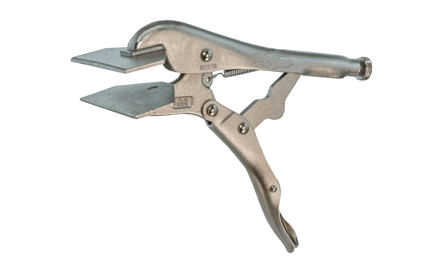 Irwin Vise Grip 8R  Locking Sheet Metal Tool makes bending, forming, & crimping sheet metal jobs easier. Turn screw to adjust pressure and fit work. Stays adjusted for repetitive use. Constructed of high-grade heat-treated alloy steel for maximum toughness & durability. Model 8R. Item No. 23. 038548000237