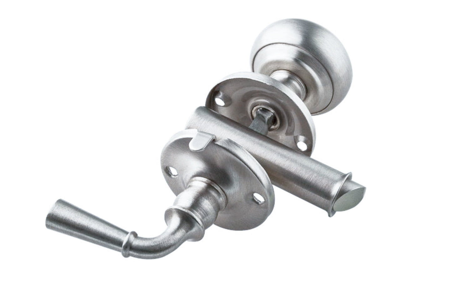 This Master Lock Storm / Screen Door Latch has an inside knob & outside lever. It is designed to fit doors from 7/8" to 1-3/8" thickness. Built-in locking device. Made of wrought brass material with a satin chrome finish. Made by Masterlock.
