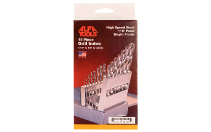 15-Piece HSS Drill Index - 1/16" to 1/2" by 32nds. General purpose drill bit set with conventional 118° point angle. Designed for drilling in a wide range of materials. Bright finish bits provide good chip ejection in low carbon or soft materials. High speed steel jobber twist drill bits. Drill Bit Set. Made in USA.