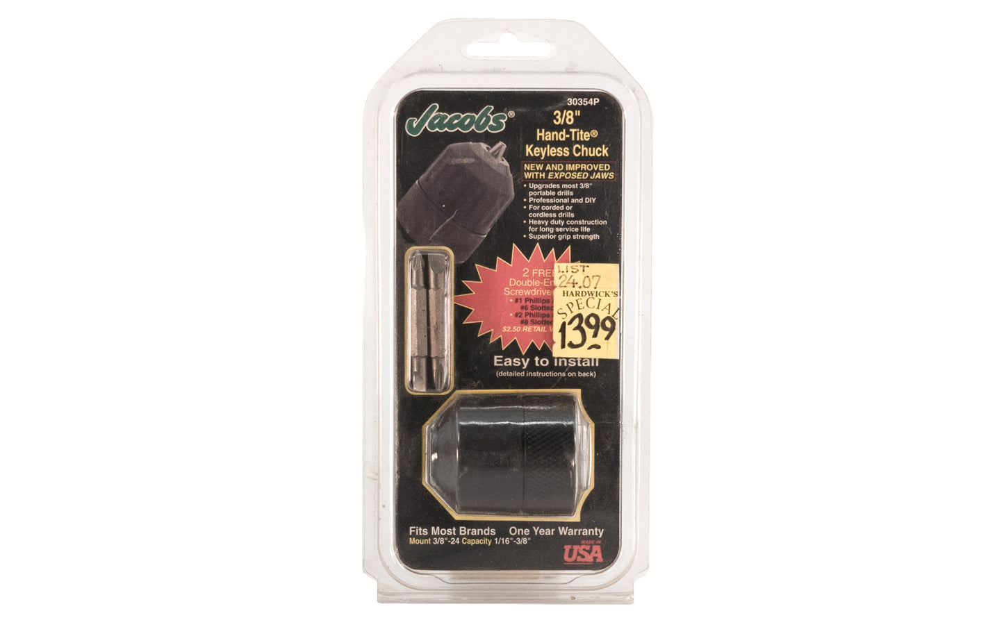 Jacobs "Hand-Tite" Keyless Chuck for corded & cordless drills. 3/8" Capacity ~ 3/8-24 Mount - Model 30354P. 095456303546