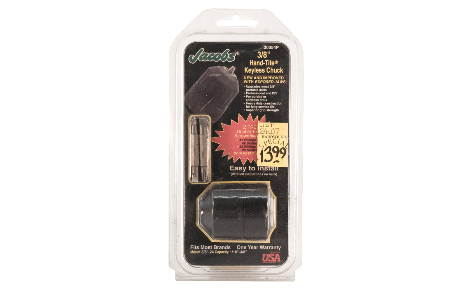 Jacobs "Hand-Tite" Keyless Chuck for corded & cordless drills. 3/8" Capacity ~ 3/8-24 Mount - Model 30354P. 095456303546