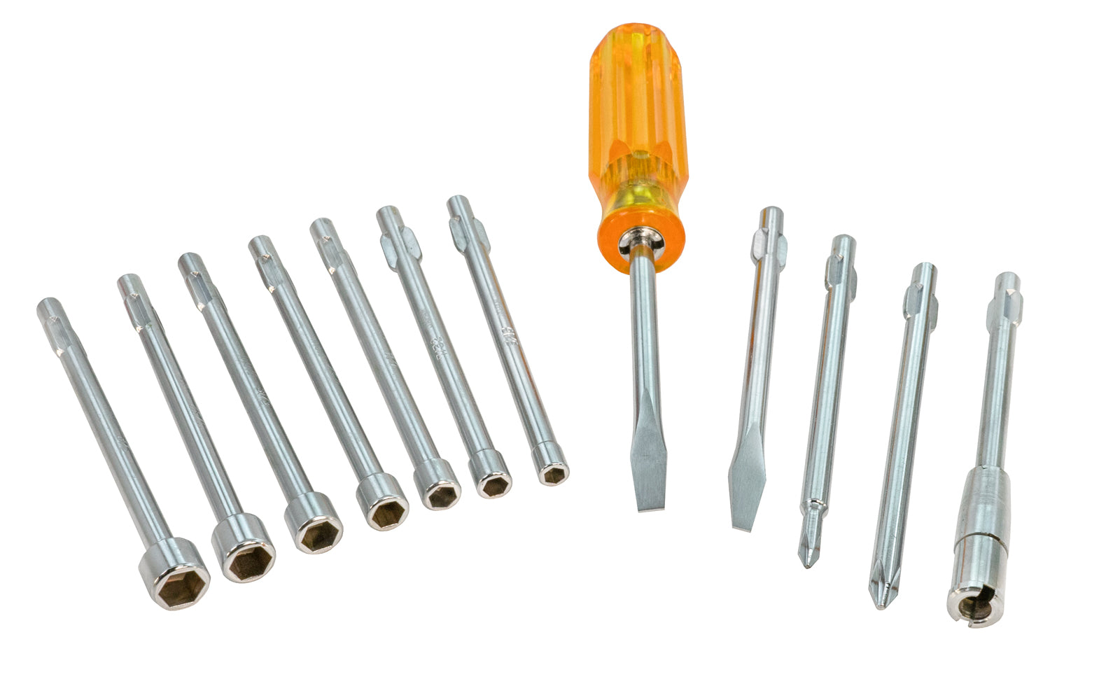 This Japanese-made 13-piece SAE Nut Driver & Screwdriver Set has  3/16",   7/32",   1/4",   9/32",  5/16",  11/32",  3/8" nut driver sizes. 3/16",  1/4" slotted screwdriver blade sizes, &  No. 1  &  No. 2 phillips screwdriver blade sizes. 083144006304.   Made in Japan