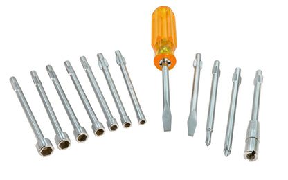 This Japanese-made 13-piece SAE Nut Driver & Screwdriver Set has  3/16",   7/32",   1/4",   9/32",  5/16",  11/32",  3/8" nut driver sizes. 3/16",  1/4" slotted screwdriver blade sizes, &  No. 1  &  No. 2 phillips screwdriver blade sizes. 083144006304.   Made in Japan