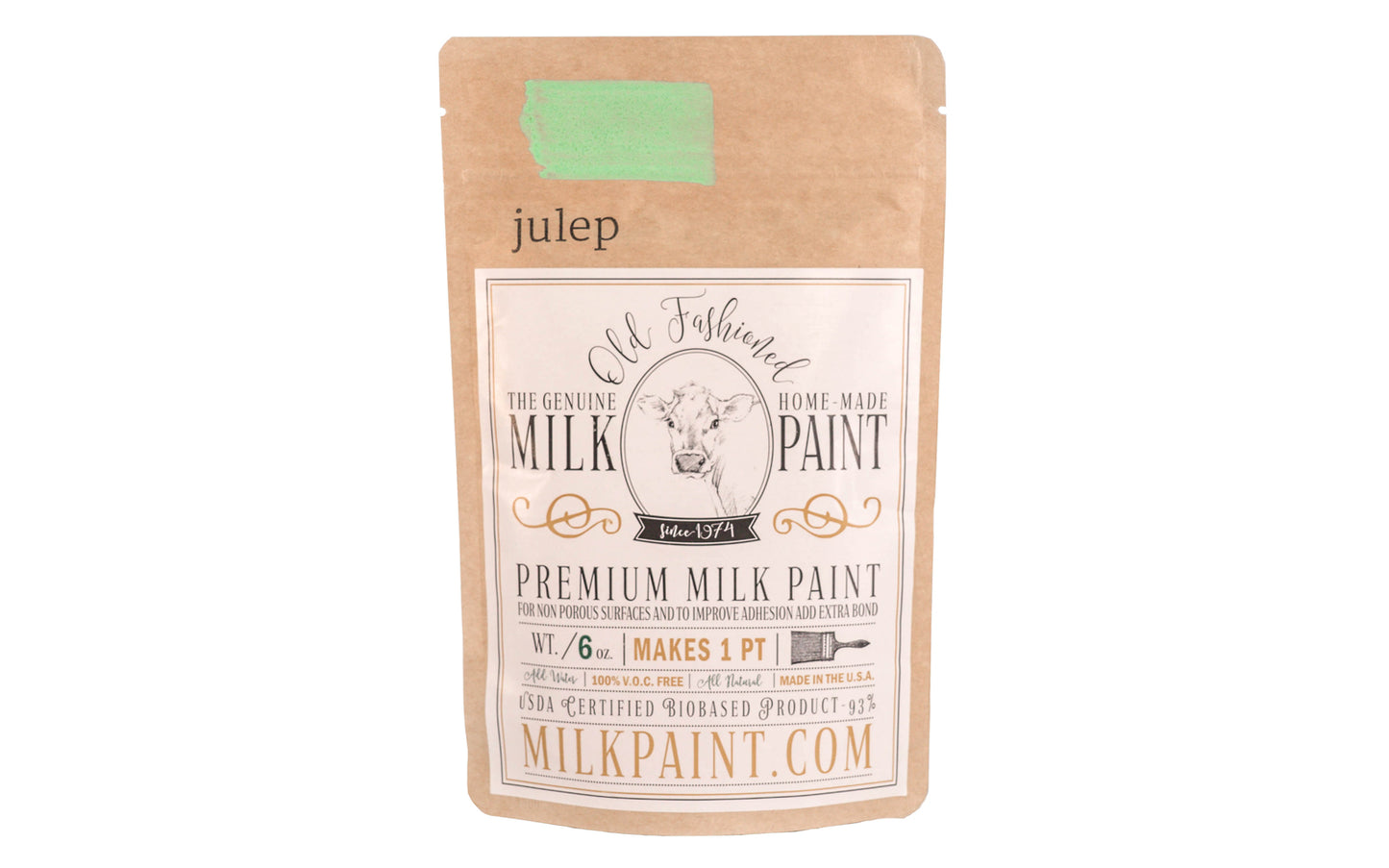 This Milk Paint color is "Julep" - Bright light green. Comes in a powder form, you can control how thick/thin you mix the paint. Use it as you would regular paint, thinner for a wash/stain or thicker to create texture. Environmentally safe, non-toxic & is food safe. 100% VOC free. Powder Paint. Made in USA