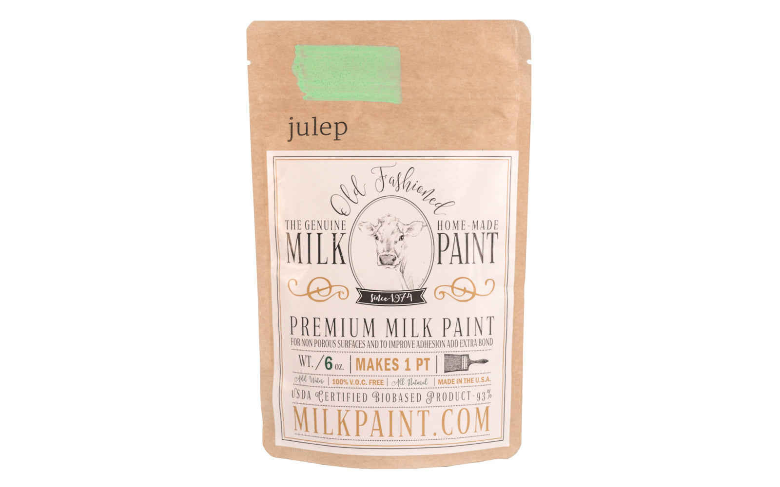 This Milk Paint color is "Julep" - Bright light green. Comes in a powder form, you can control how thick/thin you mix the paint. Use it as you would regular paint, thinner for a wash/stain or thicker to create texture. Environmentally safe, non-toxic & is food safe. 100% VOC free. Powder Paint. Made in USA