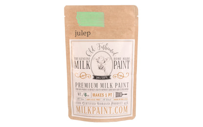 This Milk Paint color is "Julep" - Bright light green. Comes in a powder form, you can control how thick/thin you mix the paint. Use it as you would regular paint, thinner for a wash/stain or thicker to create texture. Environmentally safe, non-toxic & is food safe. 100% VOC free. Powder Paint. Made in USA
