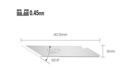 These Olfa "KB" Replacement Art Blades. 25 Pack are multi-purpose art blades. Premium quality blades for superior sharpness & edge retention. 6 mm blade width. Japanese carbon tool steel. Olfa Model KB. 9161. 10 Blades. 25 blades in pack. Designed for Olfa AK-1 knife & AK-4 knife. 091511500134. Made in Japan