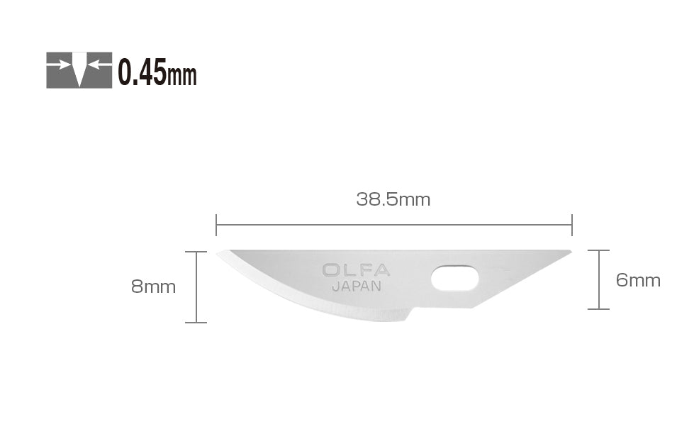 These Olfa KB4-R/5 Precision Curved Art Blades are best suited for use on delicate papers, creating stencils, or for intricate, detailed work. Crafted from premium Japanese tool steel, these curved blades are tempered for strength. Designed for Olfa AK-4 knife. 5 Pack. Curved Carving Blade. 091511500912. Made in Japan