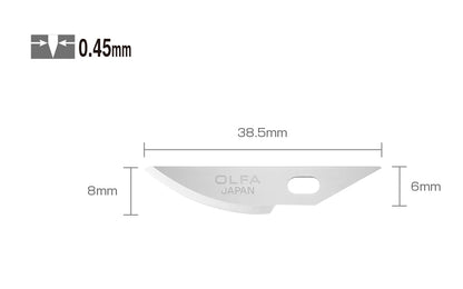These Olfa KB4-R/5 Precision Curved Art Blades are best suited for use on delicate papers, creating stencils, or for intricate, detailed work. Crafted from premium Japanese tool steel, these curved blades are tempered for strength. Designed for Olfa AK-4 knife. 5 Pack. Curved Carving Blade. 091511500912. Made in Japan