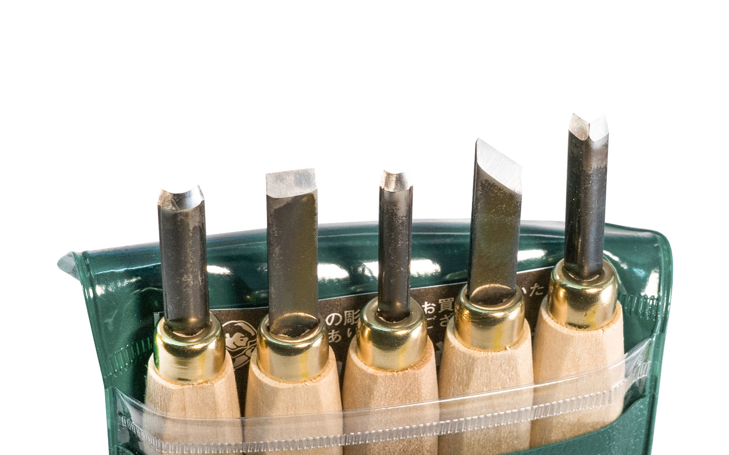 Made in Japan · Five piece chisel carving set. Straight, right hand skew, 60° V parting tool, gouge 1/8", gouge 1/4" included ~ Japanese-made mini 5-piece set of small chisels. Sharp edges making them excellent for fine detail carving woodwork. A small whetstone for sharpening is included in set. 4957935002653. No. 26-5