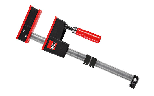 Bessey Parallel K-Body REVO JR Bar Clamps have 90 degree jaws that make cabinet work, frame ups, drawers & any other right-angle glue-up a much easier task. 12" max opening - 3-1/4" throat depth - Model KRJR-12 - Bessey K Body REVO JR - The large surface areas distribute high clamping force evenly - Wooden Handles - 091162001400
