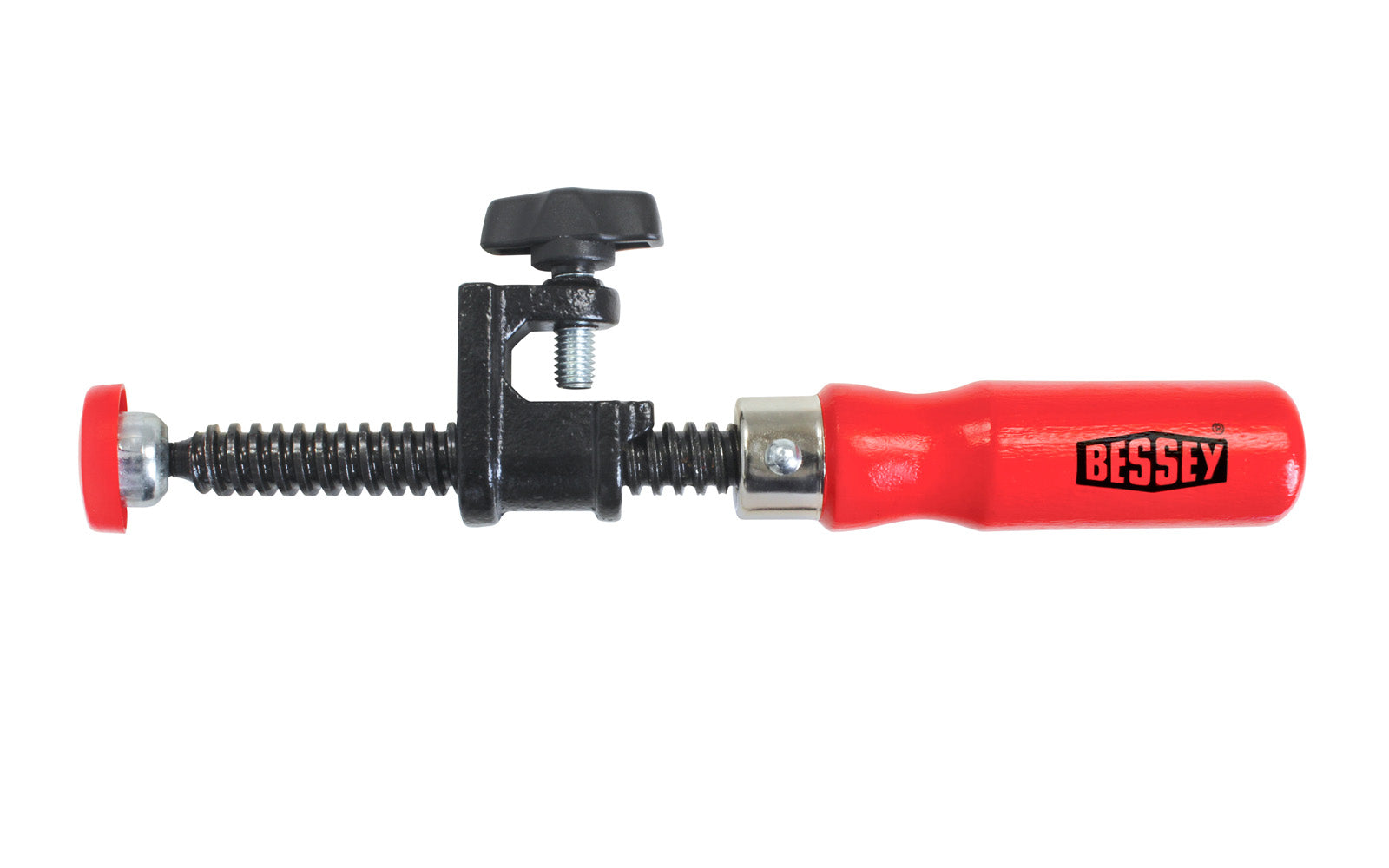 This Bessey single screw edge clamps is suitable for conventional screw clamps with a max rail thickness of 1/2" (13 mm). Comes with a plastic pressure cap to protect the work surface - Model No. KT5-1CP - 091162006757 - Double Screws  - With Wooden Handles - One Screw Edge Clamp - Single Screw Clamps