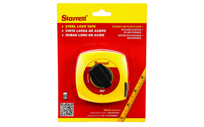 Starrett 3/8" x 50' Steel Tape Measure. The closed steel long tapes are produced with high visibility ABS plastic. These value priced long tape measures are easy to locate and difficult to damage. The steel blade provides a precise measurement of up to 50'. The blade has a clear uncluttered line and numbering style.