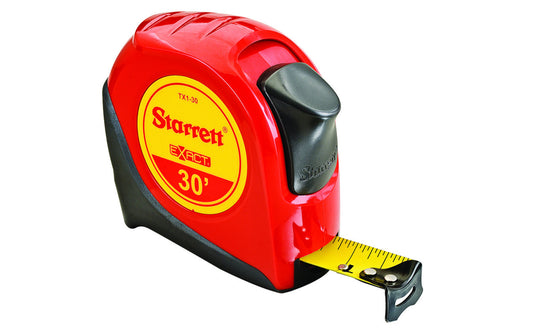 Starrett 1" x 30' Tape Measure. Produced of high durability ABS plastic for extended case life, these tape measures offer overmold for improved grip. Their ergonomic design fits comfortably in the hand and incorporate industry standard standout, and improved blade protection.