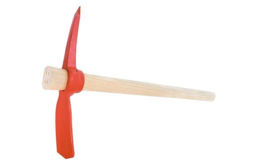 A smaller sized Japanese Kensaki 1-3/4 lb. Pick Mattock. Made of high carbon steel, the head is forged in one solid head piece with a painted red coat. Cuts tough weeds & roots with ease, & is also good for cultivating soil. Blade is slightly curved which helps dig into the soil easily. 26" long handle.  Made in Japan