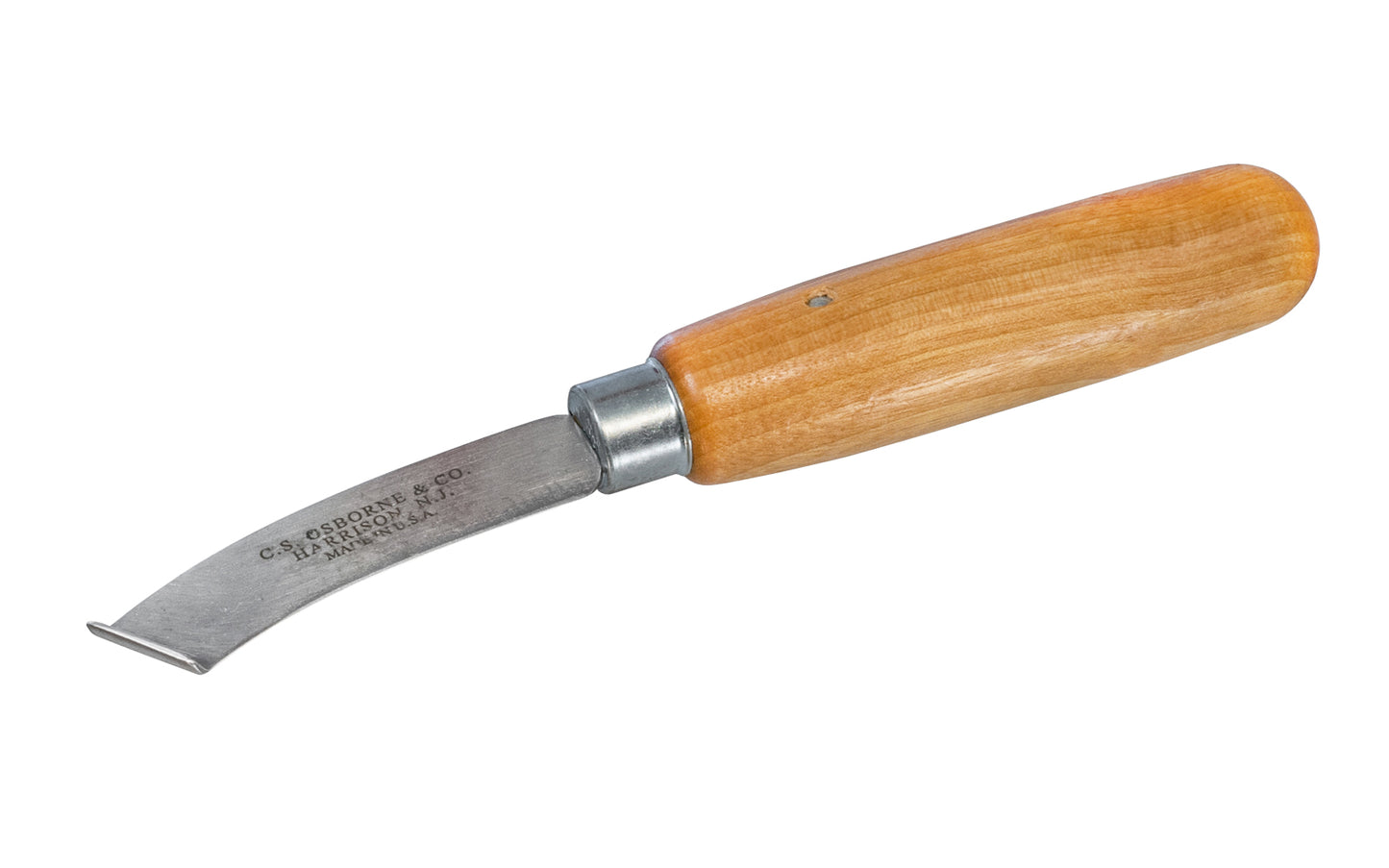 Made in USA · C.S. Osborne No. 81-R - A quality USA-made curved lip knife made by C.S. Osborne. High quality chromed vanadium steel. Hardened, tempered, ground & sharpened. Hardwood handle securely riveted blade & nickel plated ferrules. Curved-lip on end of blade - Excellent knife for shoe repair - Right Handed Knife