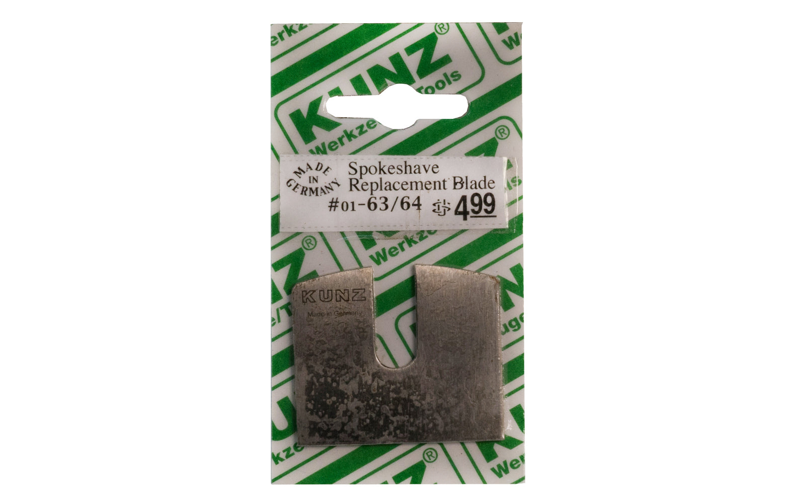 Kunz Replacement Blade for Spokeshave made by Kunz Tools in Germany. 1-3/4" wide straight cutter blade. Honing is recommended before use. Kunz Model 01-63/64