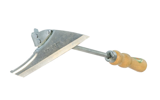 Japanese hand weeder that adjusts to an angle position (65°) & flat position (152°). High carbon steel, the blade of this weeder hoe cuts grass, slices through dirt & cuts off roots. Sickle teeth grabs & slices loose grass. Multi-purpose combination weeder: Hand hoe, scraper, sickle, & root cutter. Made in Japan.