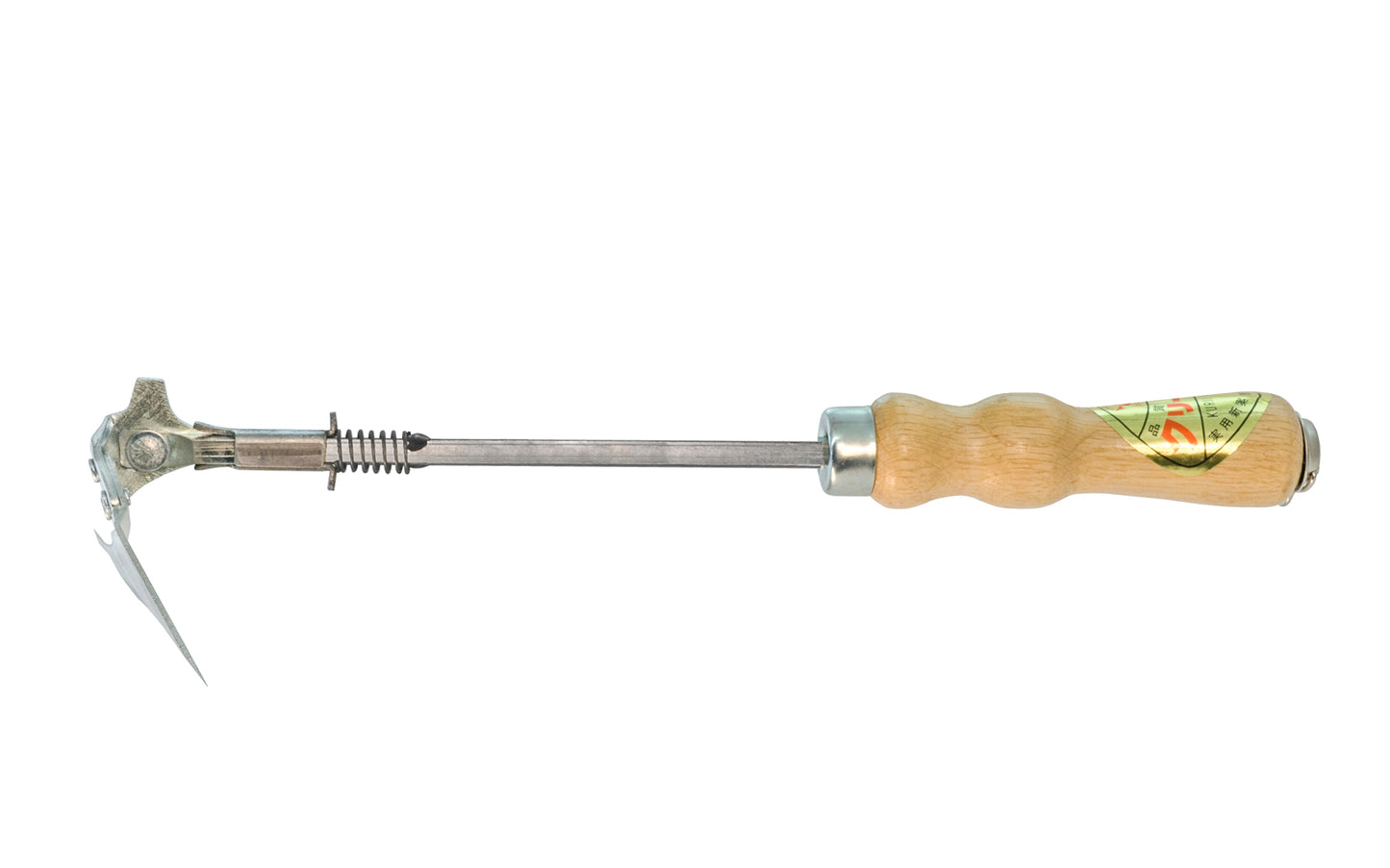 Japanese hand weeder that adjusts to an angle position (65°) & flat position (152°). High carbon steel, the blade of this weeder hoe cuts grass, slices through dirt & cuts off roots. Sickle teeth grabs & slices loose grass. Multi-purpose combination weeder: Hand hoe, scraper, sickle, & root cutter. Made in Japan.