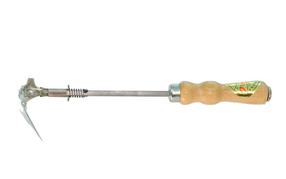 Japanese hand weeder that adjusts to an angle position (65°) & flat position (152°). High carbon steel, the blade of this weeder hoe cuts grass, slices through dirt & cuts off roots. Sickle teeth grabs & slices loose grass. Multi-purpose combination weeder: Hand hoe, scraper, sickle, & root cutter. Made in Japan.