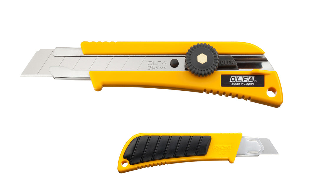 This Olfa "L-2" Utility Knife - 18 mm Blade with rubber insert features a durable ABS handle with an anti-slip rubber inset on the backside for secure handling. This 18 mm (3/4") precision blade is constructed to deliver more cutting power. Tool-free blade change. 091511600063. Olfa Model L-2. Made in Japan