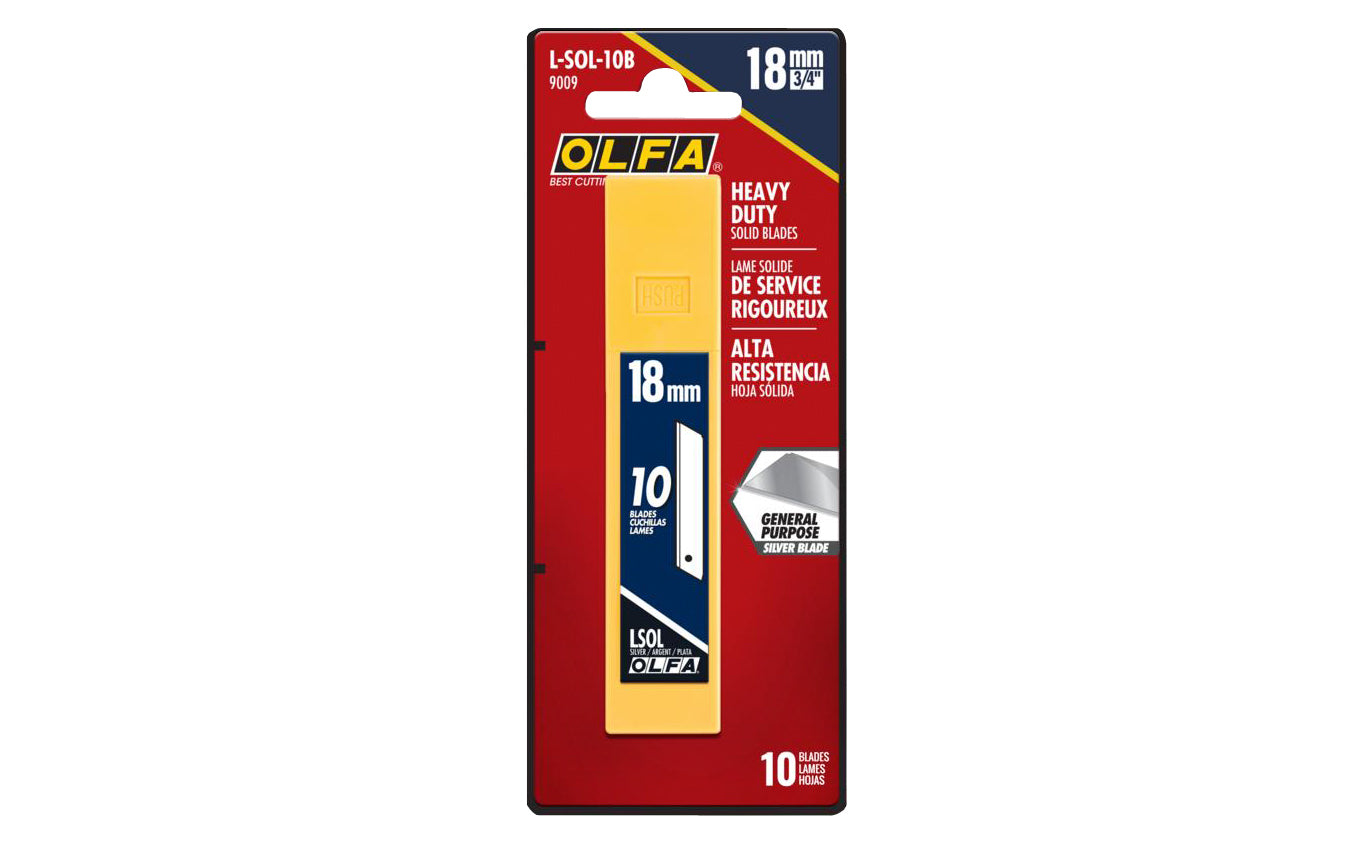 These "L-SOL-10B" Olfa 18 mm (3/4") Replacement Solid Blades are good for cutting through thicker materials & are great for managing accurate cuts on foam insulation board, foam sheets, rubber tubing, & more. 091511600506. 10 Blades. Olfa Model L-SOL-10B. Olfa Solid Blades for Utility Knives. 10 Pack. Made in Japan