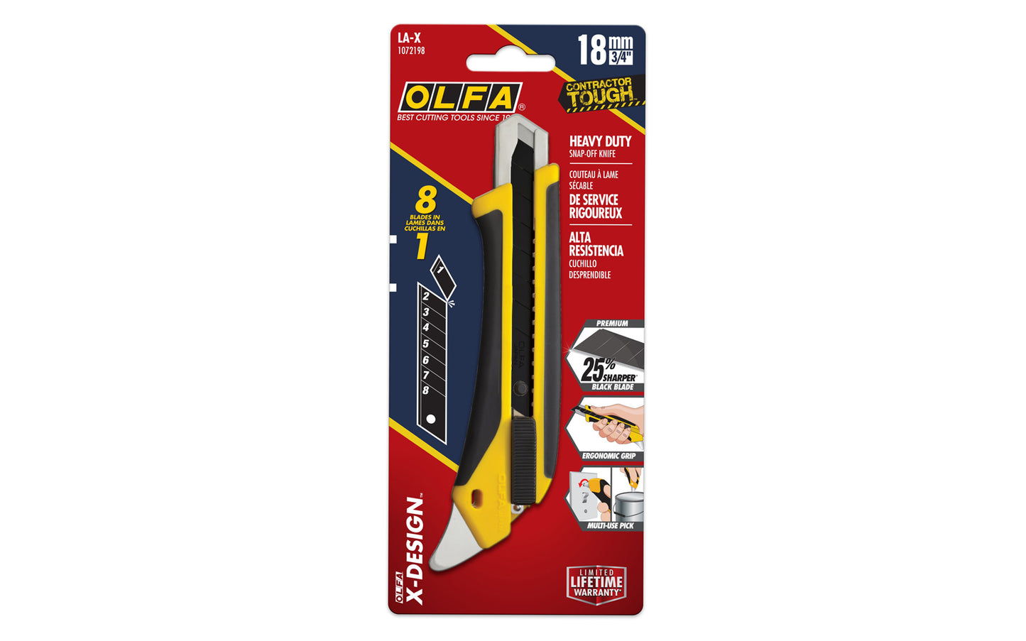 Olfa 18mm "LA-X" fiberglass utility knife with multi-pick has a LBB Heavy-Duty Ultra-Sharp Black Snap-Off Blade automatically locks firmly in place & offers a new sharp edge every time you need it. Tool-free blade change. 18 mm (3/4") wide blade. Stainless blade channel. 091511600865. Olfa Model LA-X. Made in Japan