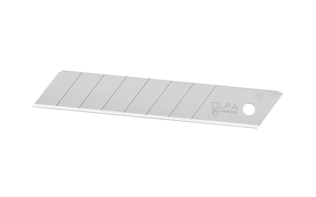 These Olfa "LB-5B" 18 mm Replacement Blades are Heavy-Duty Silver Snap-Off Blades. 5 Pack - 18 mm (3/4") wide blade. Heavy duty snap-off blade. Olfa general purpose silver blade. Expertly honed premium Japanese carbon tool steel provides durability & a resilient sharp edge. 091511607093. Olfa Model LB-5B. Made in Japan