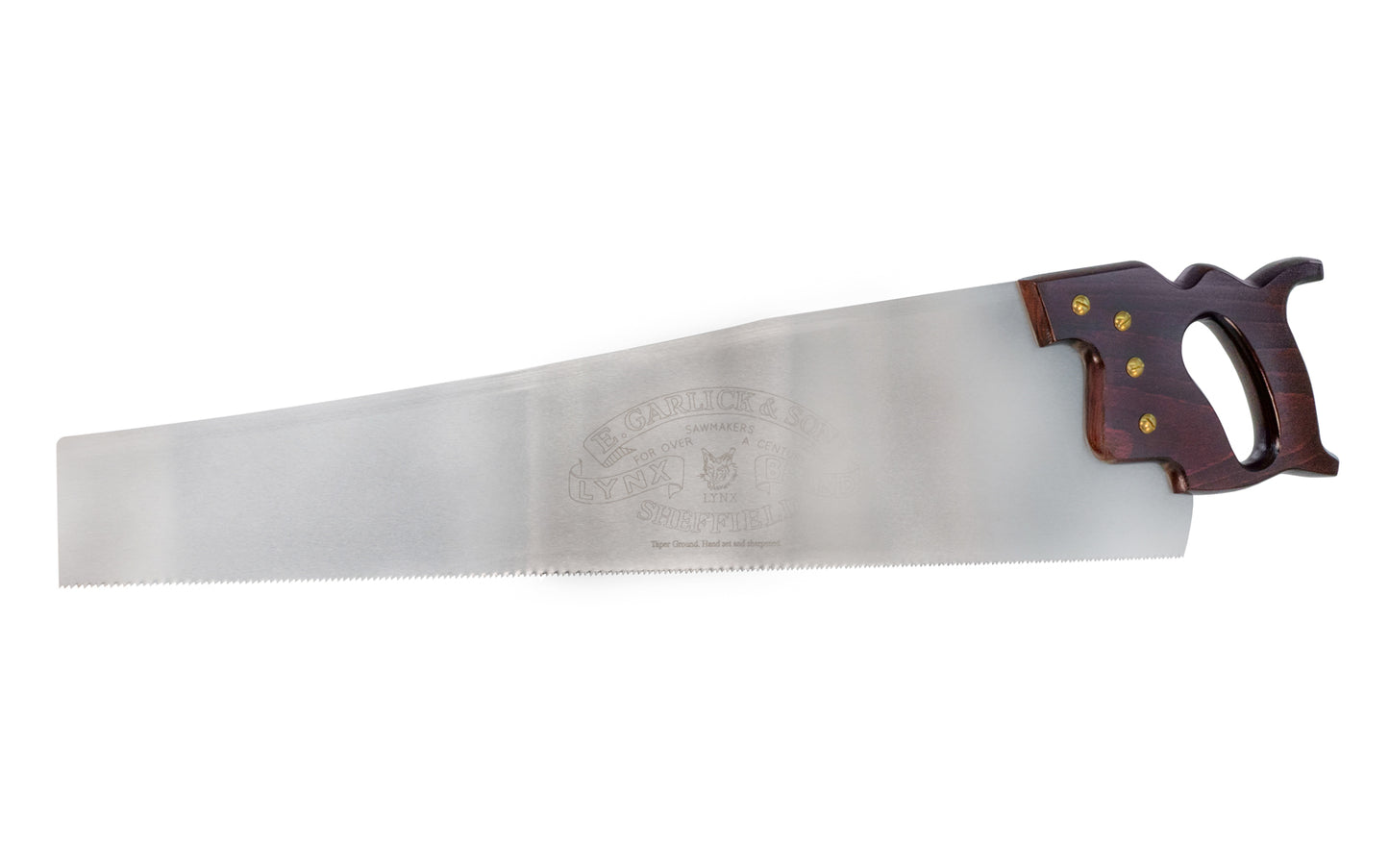 A high quality 22" Panel Saw with 10 TPI made by Lynx Saws. These Handsaws are made from alloy spring steel and are taper ground with a skew back and a straight tooth line. Model No. LPB22. Lynx Saws - E. Garlick & Son - Thomas Flinn & Co.