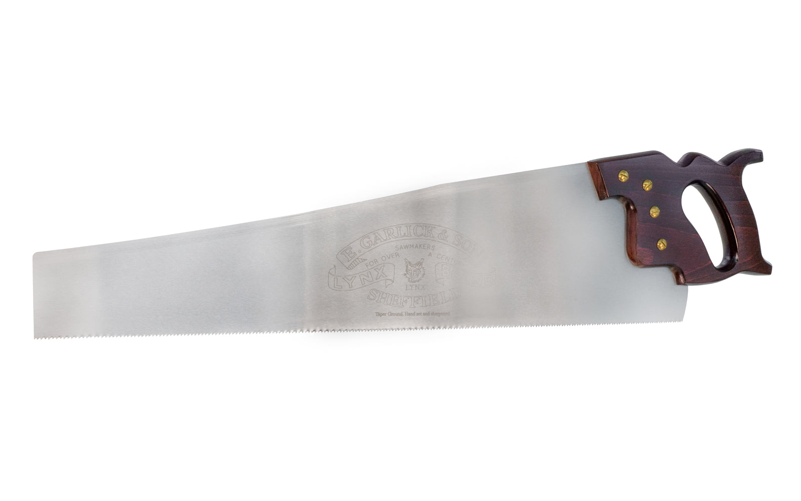 A high quality 22" Panel Saw with 10 TPI made by Lynx Saws. These Handsaws are made from alloy spring steel and are taper ground with a skew back and a straight tooth line. Model No. LPB22. Lynx Saws - E. Garlick & Son - Thomas Flinn & Co.