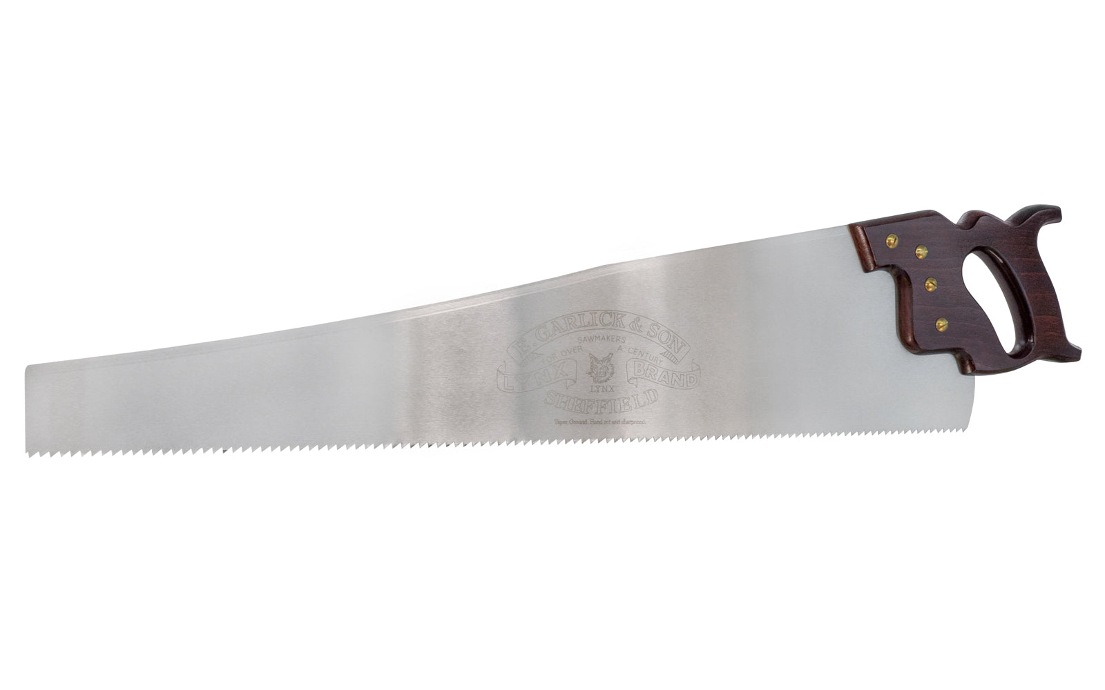 A high quality 26" Rip Saw with 4.5 TPI made by Lynx Saws. These Handsaws are made from alloy spring steel and are taper ground with a skew back and a straight tooth line. Model No. LRB26. Lynx Saws - E. Garlick & Son - Thomas Flinn & Co.